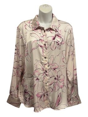 Philosophy Cream Button-Down Blouse with Pink Floral Sketch. Size XL